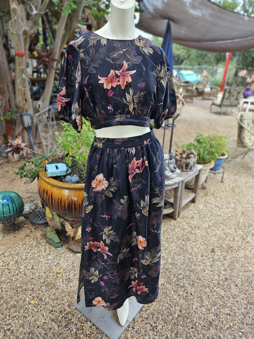 AllSaints Asta Viviana Black Silk Linen Blend Maxi Skirt (8) & Blouse (6) Set
